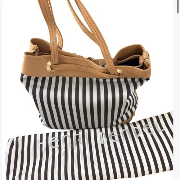 Henri Bendel Black and Tan Striped Tote includes dust bag and original receipt